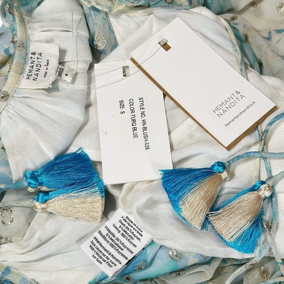 HEMANT & NANDITA Kaiyo Long Sleeves Mini Dress, Turquoise Blue, Small - Picture 10 of 11